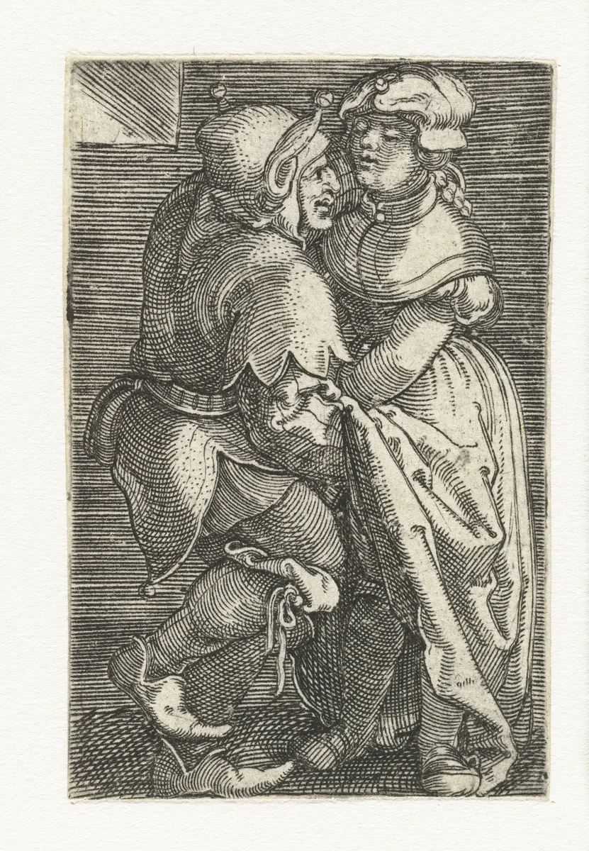 Nar met hand onder rokken van meisje by Unknown, print, 1512-1540