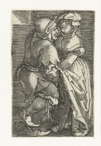 Nar met hand onder rokken van meisje by Unknown, print, 1512-1540