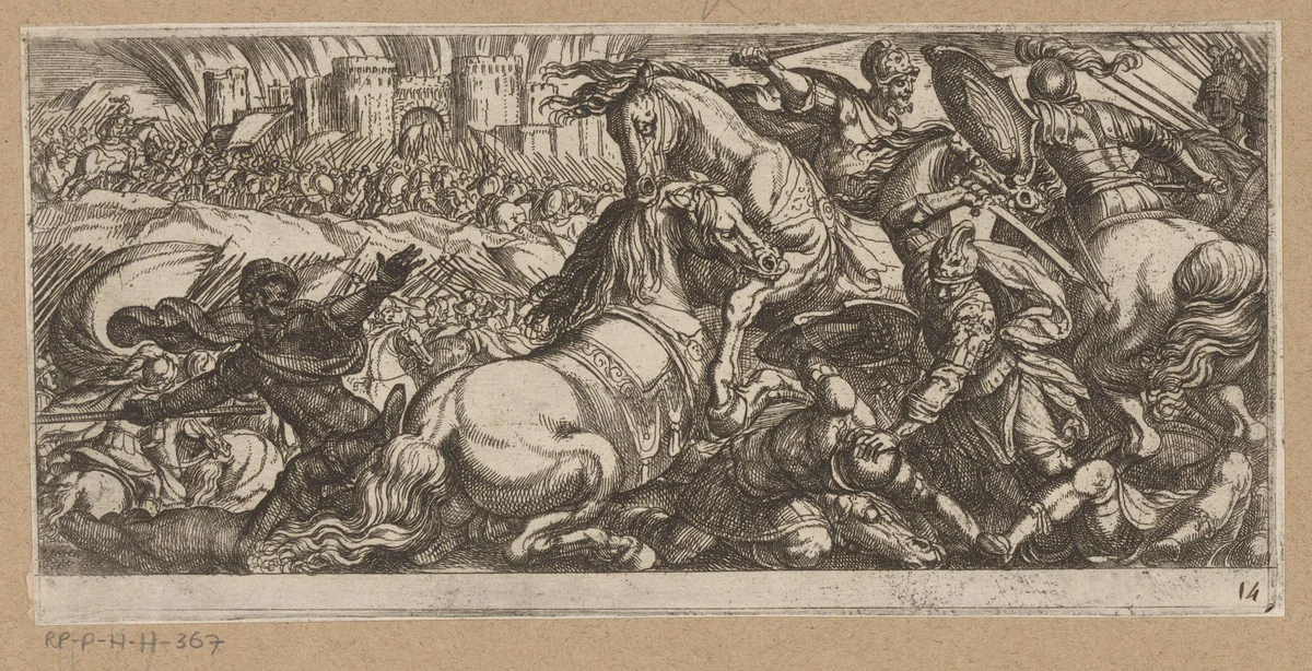 Gevechtsscène met twee elkaar aanvallende paarden by Antonio Tempesta, print, 1565-1630