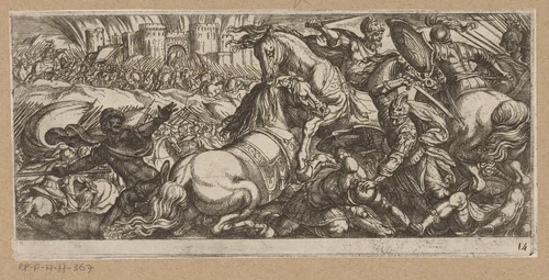 Gevechtsscène met twee elkaar aanvallende paarden by Antonio Tempesta, print, 1565-1630