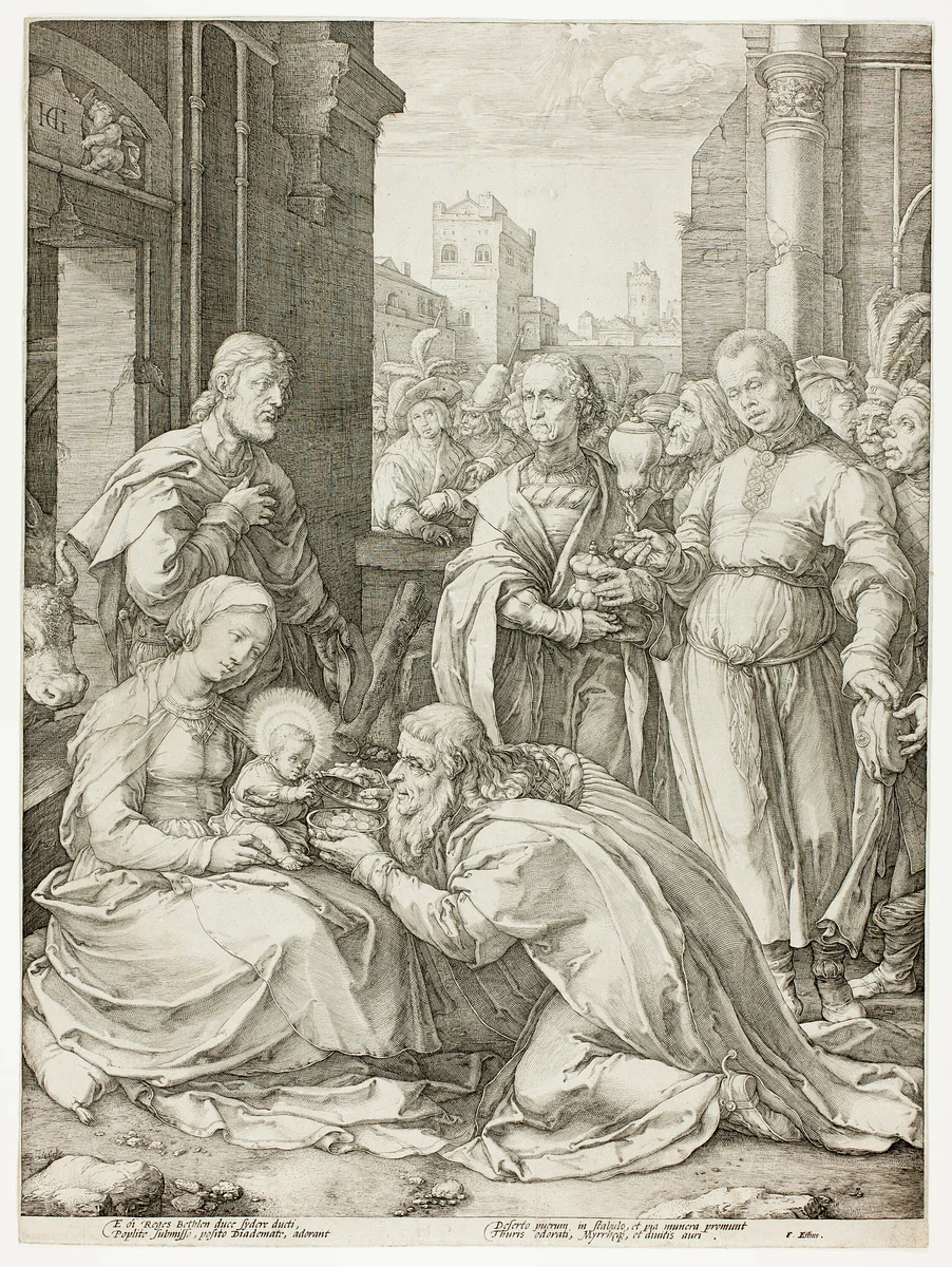 The Adoration of the Magi, plate five from The Birth and Early Life of Christ by Hendrick Goltzius, print, 1588-1598