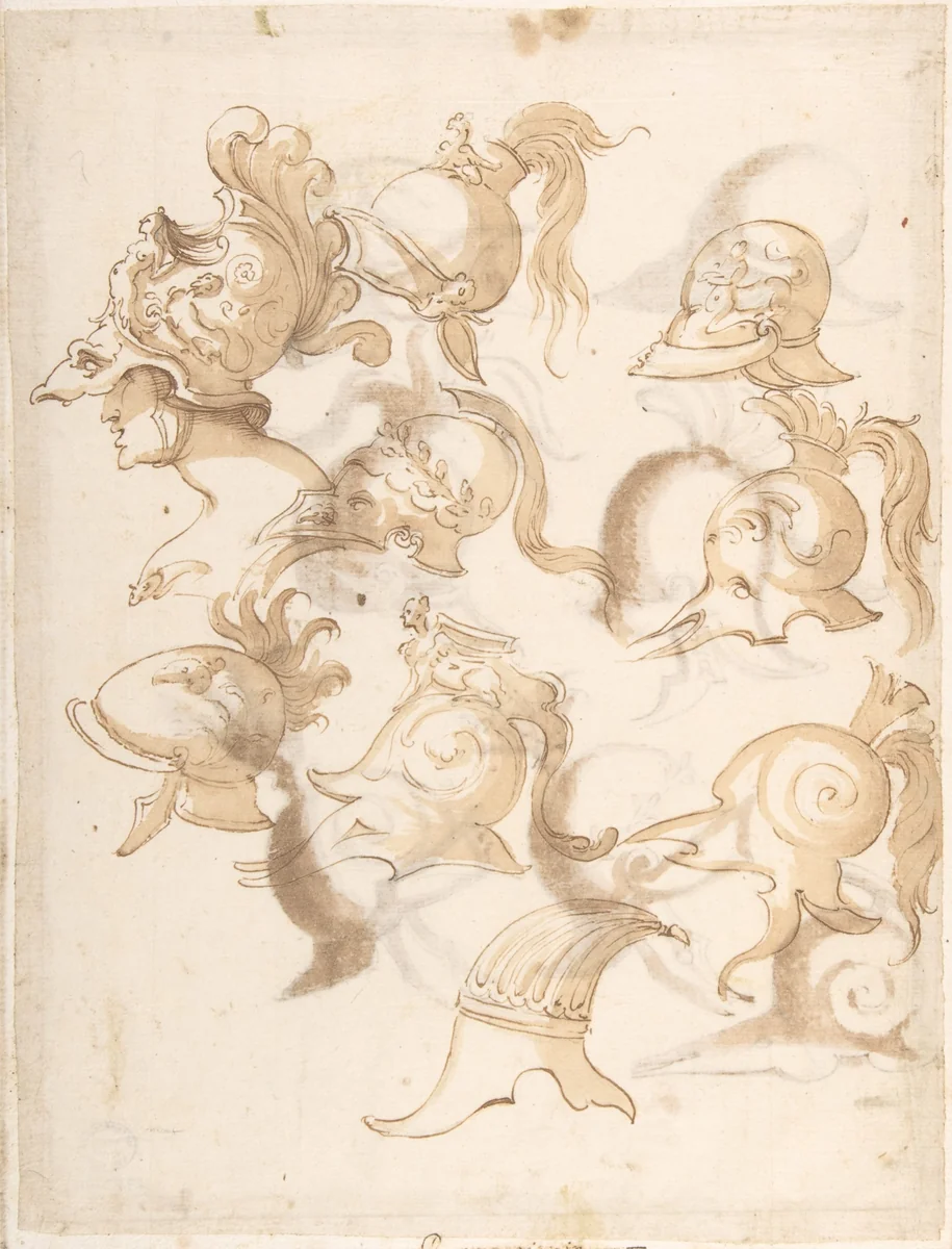 Designs for Nine Helmets (recto); Designs for Seven Helmets (verso) by anonymous, drawing, 1500-1600