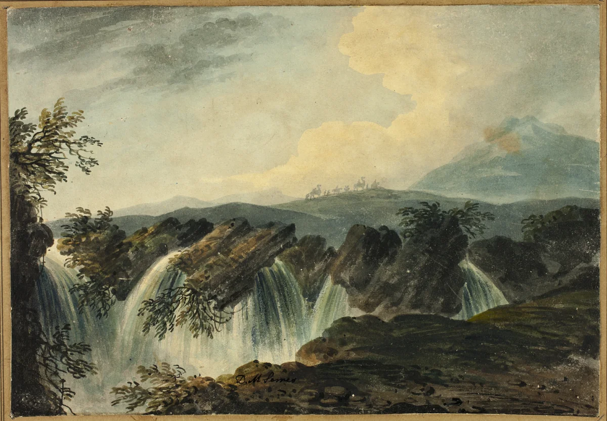 Camel Caravan Crossing Plane Above Waterfall by Dominic Serres, painting, 1742-1793