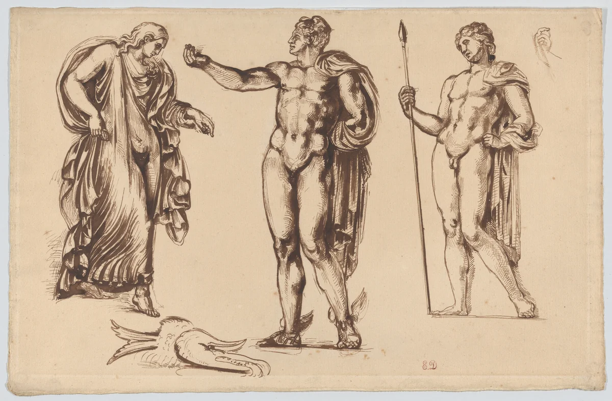 Perseus, Andromeda, and Apollo, after Bartoli by Eugène Delacroix, drawing, 1817-1827