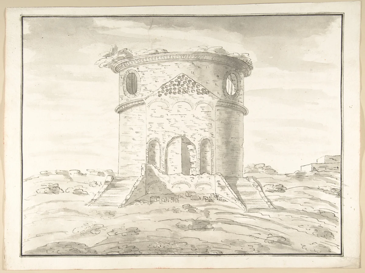 Perspective of a Rendering Round Temple in Ruins (probably Tempio della Speranza) by Pietro Paolo Coccetti, drawing, 1710-1727