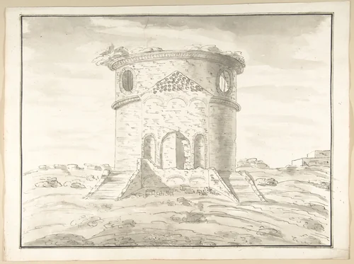 Perspective of a Rendering Round Temple in Ruins (probably Tempio della Speranza) by Pietro Paolo Coccetti, drawing, 1710-1727