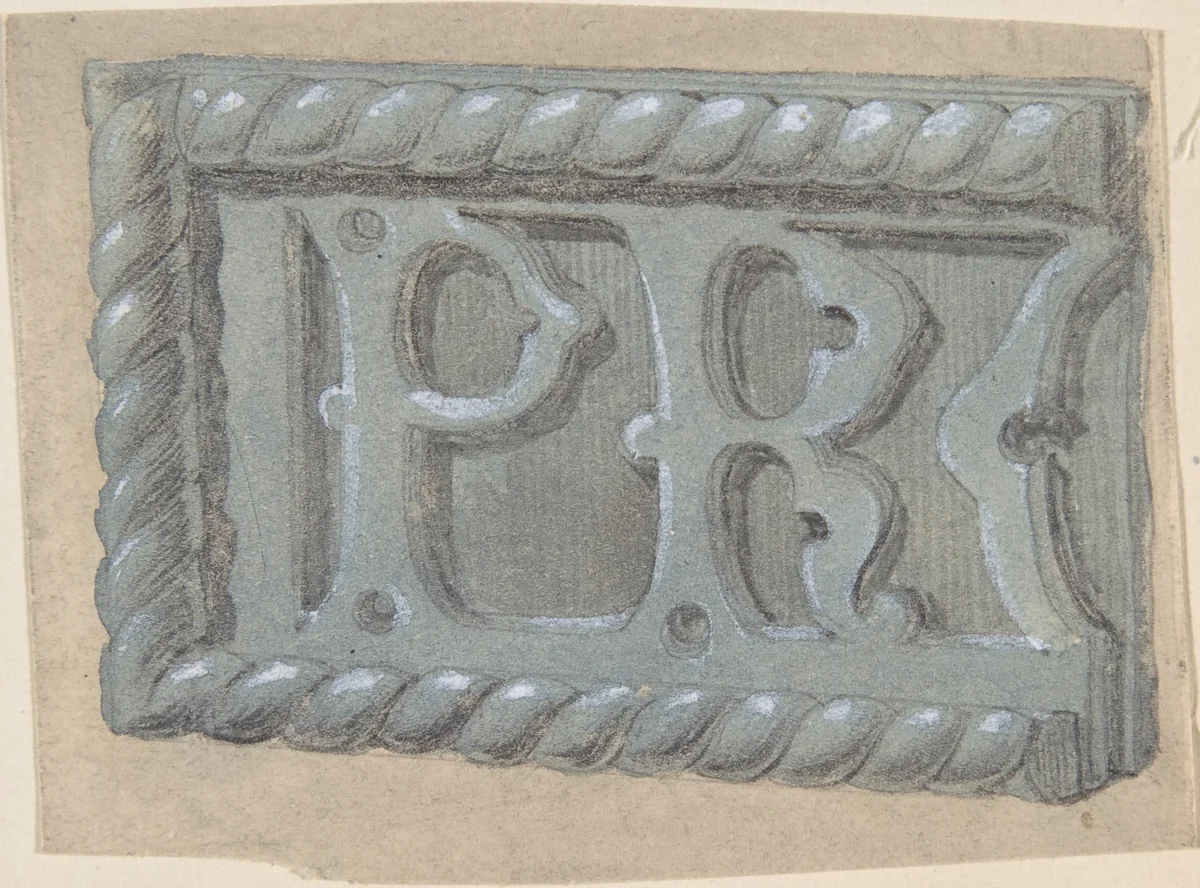 Metal object, with initials "PR", for a church by anonymous, drawing, 1850-1900