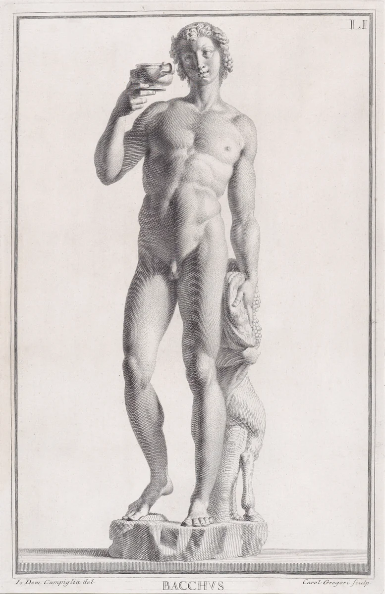 Plate LI (51): Bacchus, from "Museum Florentinum" (Statuae antiquae dorum et virorum illustrium) by Carlo Gregori, print, 1734