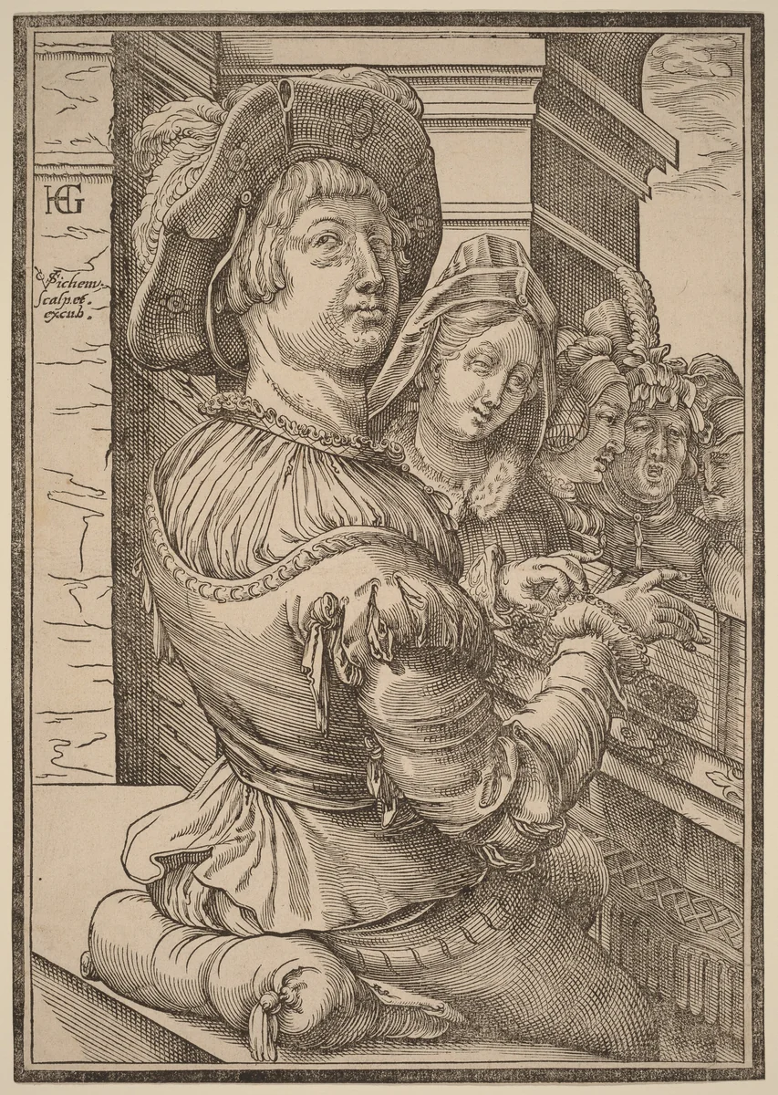 A Young Man Playing a Psalterium by Christoffel van Sichem I; Hendrick Goltzius, print, 1595-1605