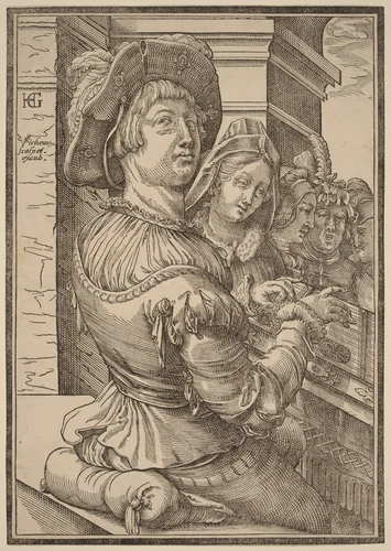 A Young Man Playing a Psalterium by Christoffel van Sichem I; Hendrick Goltzius, print, 1595-1605