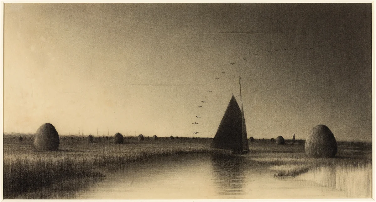 Sailboat and Haystacks on Newbury Marsh by American School, drawing, 1850-1899