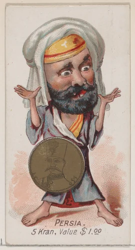Caricatured Persian, 5 Kran, from the series Coins of All Nations (N72, variation 2) for Duke brand cigarettes by W. Duke, Sons & Co., print, 1889