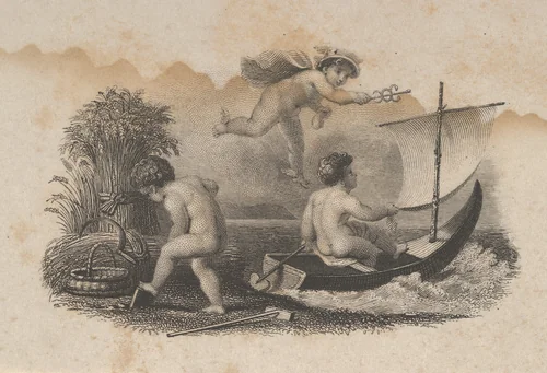 Banknote vignette with three putti symbolizing trade and agriculture by Asher Brown Durand, print, 1819-1837