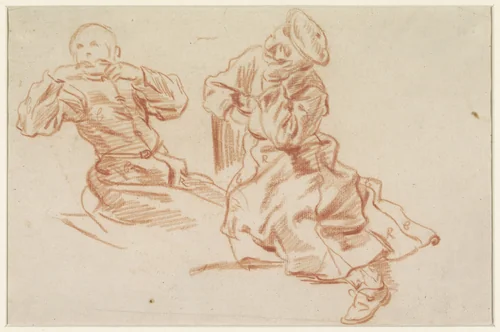 Studieblad met twee jongelingen in halfzittende houding by Jan Anton Garemyn, drawing, 1722-1799