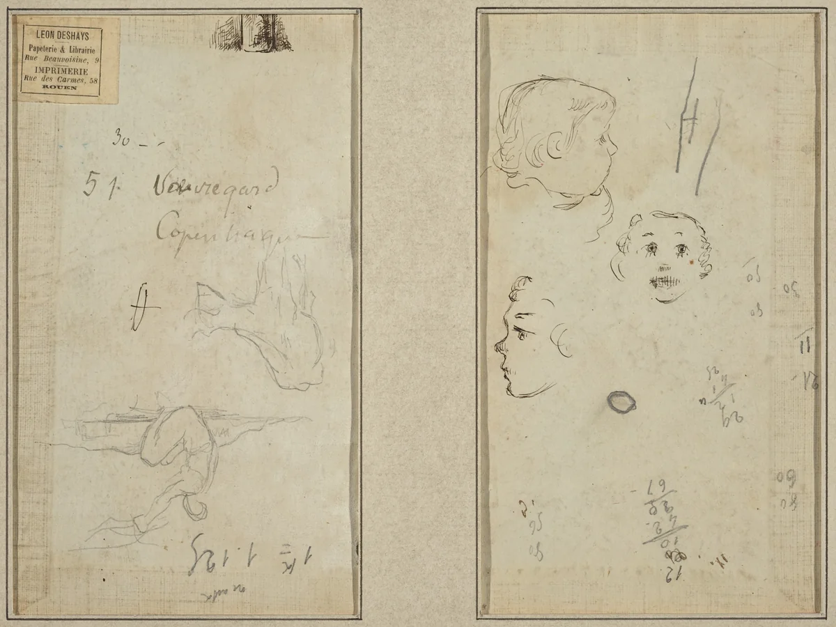 Seated Figure and a Cow; Three Studies of a Child's Head by Paul Gauguin, drawing, 1884-1888