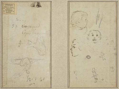 Seated Figure and a Cow; Three Studies of a Child's Head by Paul Gauguin, drawing, 1884-1888