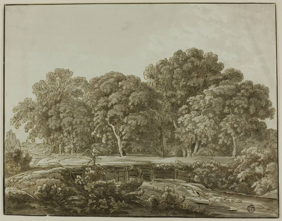 Landscape with Figure Crossing Bridge over Stream by Thomas Sandby or Paul Sandby, drawing, 1741-1809