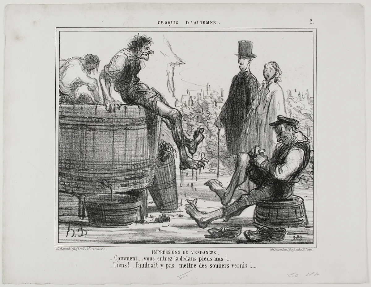 Impressions From the Vintage. “- What! You are treading bare-foot? - So what… you wouldn't want us to do it in our dancing shoes!,” plate 2 from Croquis D'automne by Honoré-Victorin Daumier, print, 1856
