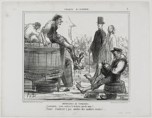 Impressions From the Vintage. “- What! You are treading bare-foot? - So what… you wouldn't want us to do it in our dancing shoes!,” plate 2 from Croquis D'automne by Honoré-Victorin Daumier, print, 1856
