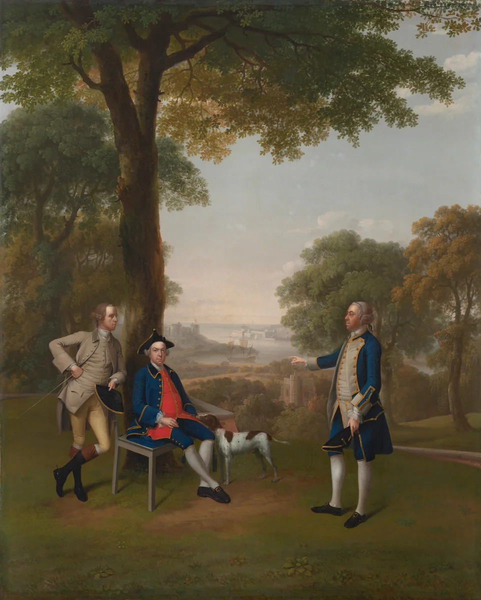 Arthur Holdsworth Conversing with Thomas Taylor and Captain Stancombe by the River Dart by Arthur Devis, painting, 1757