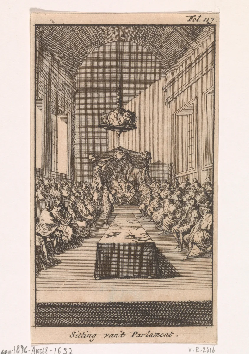 Kardinaal Mazarin in vergadering met Lodewijk XIII en zijn raadgevers, 1643 by Caspar Luyken, print, 1699