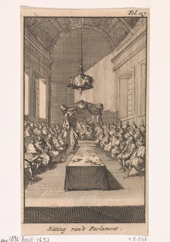 Kardinaal Mazarin in vergadering met Lodewijk XIII en zijn raadgevers, 1643 by Caspar Luyken, print, 1699