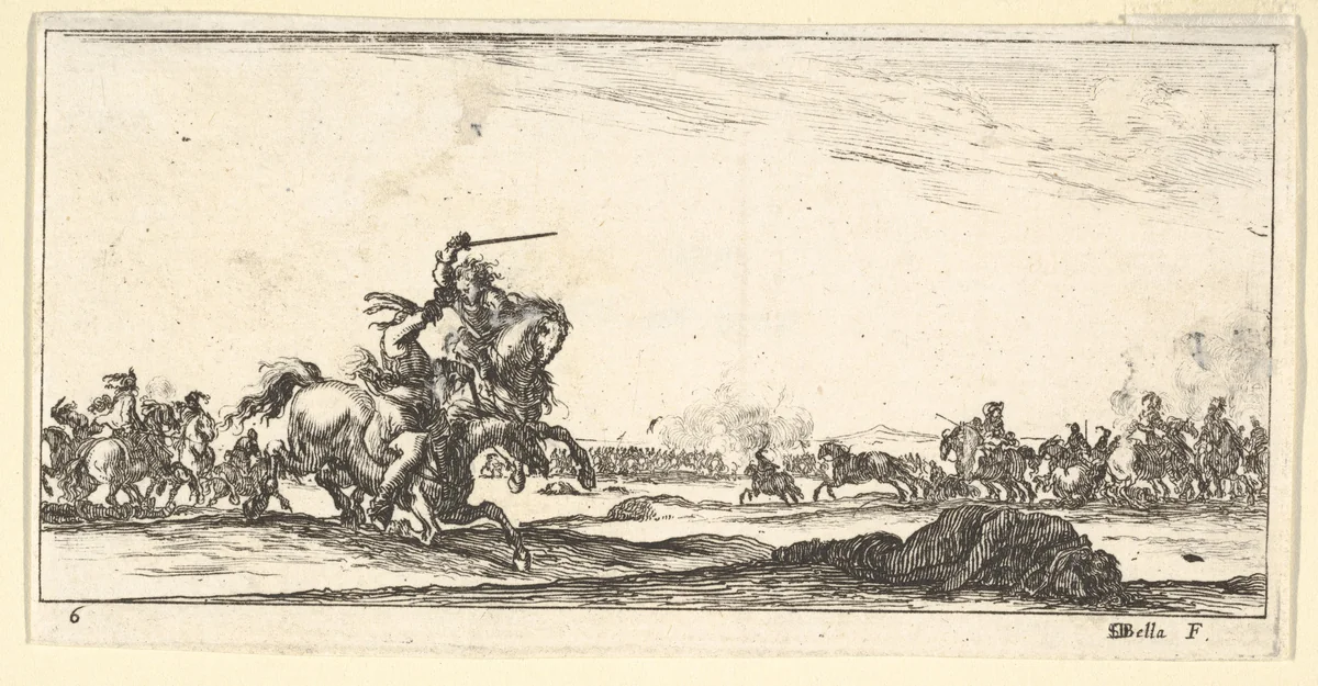 Plate 6: a skirmish between two horsemen to left, a dead man on the ground to the right, combat in the background, from "Troops, cannons, and attacks on towns" (Dessins de quelques conduites de troupes, canons, et ataques de villes) by Stefano della Bella, print, 1635-1645