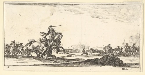 Plate 6: a skirmish between two horsemen to left, a dead man on the ground to the right, combat in the background, from "Troops, cannons, and attacks on towns" (Dessins de quelques conduites de troupes, canons, et ataques de villes) by Stefano della Bella, print, 1635-1645