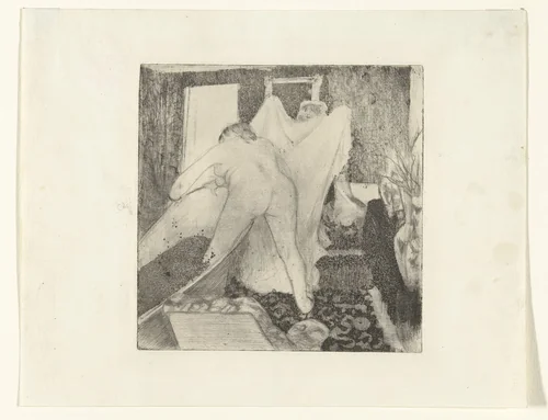 Vrouw stapt uit bad en krijgt handdoek aangereikt van vrouw by Edgar Degas, print, 1879-1880