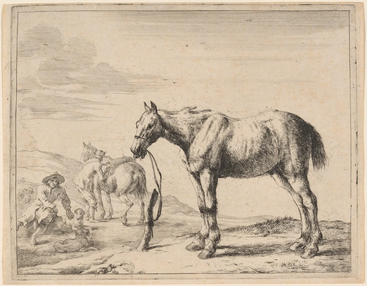 A Horse Bound to a Post by Dirck Stoop, print, 1651