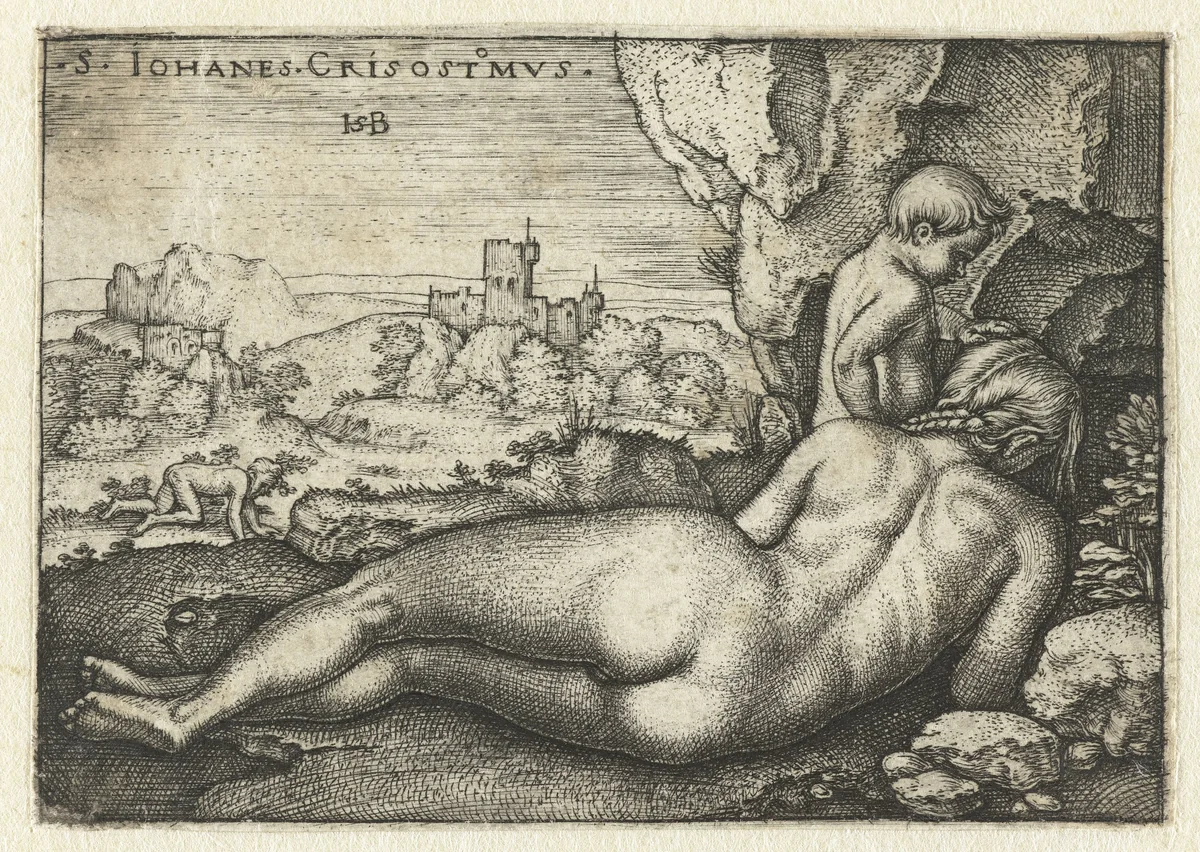 Heilige Johannes Chrysostomus als kluizenaar in de woestijn by Unknown, print, 1510-1550
