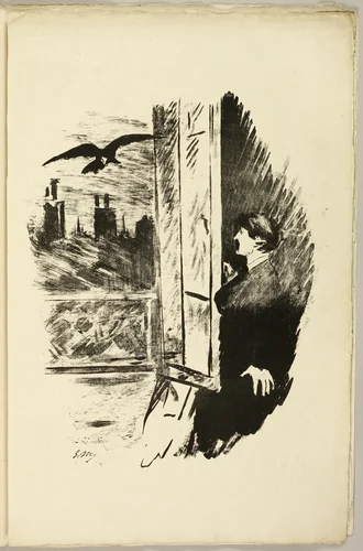 At the window ("Open here I flung the shutter..."), from The Raven (Le Corbeau) by Édouard Manet, print, 1875