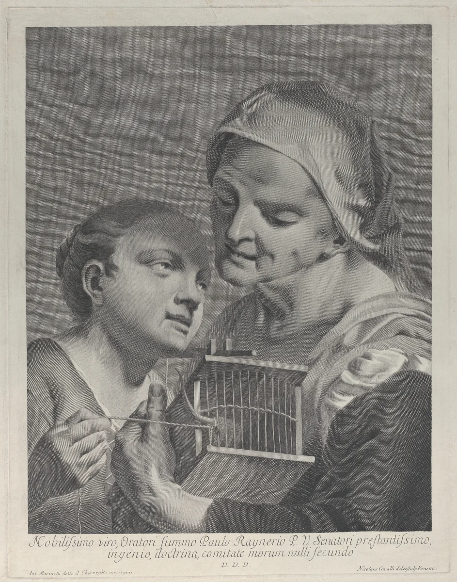 An old woman holding a mousetrap while a young girl holds a string attached to its tail by Niccolò Cavalli, print, 1750-1780