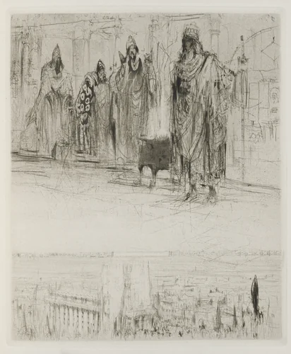 Herodias: Page 13, The tetrarch was awaited by several Galileans, the master of scribes, the chief of the land steward, the manager of the salt mines, and a Jew from Babylon commanding his troops on horse by William Walcot, print, 1928