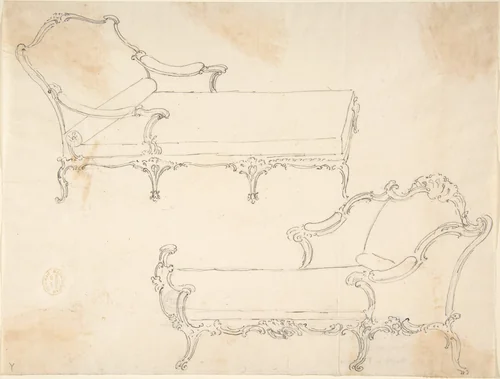 Two Design Drawings for Day-Beds by anonymous, drawing, 1700-1800