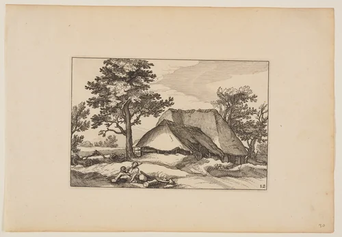 Barns, Resting Herd and Dog in Centre Foreground, from Landscapes (Verscheyden aerdige Lanthuysen...) by Claes Jansz Visscher, print, 1620