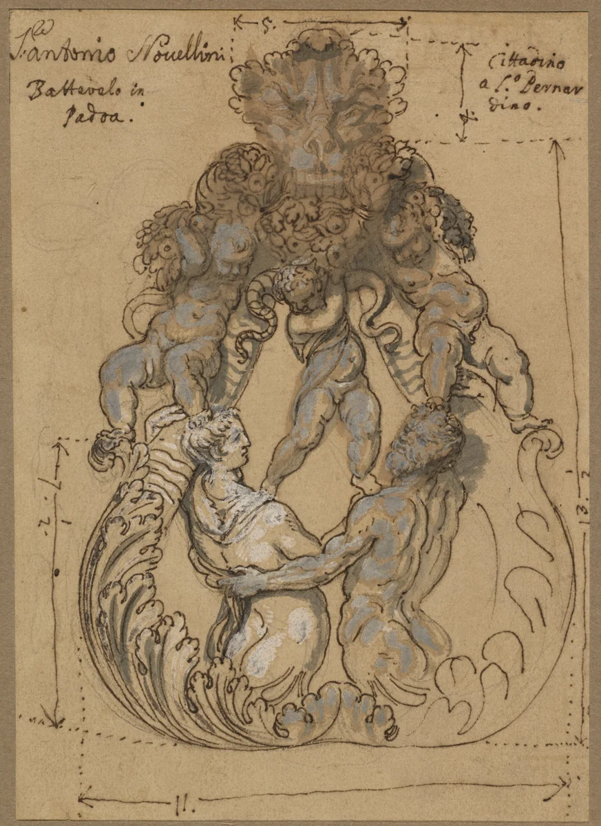 Door Knocker with Triton, Nereid, and Putti by Italian 17th Century; Italian 18th Century, drawing, 1675-1725
