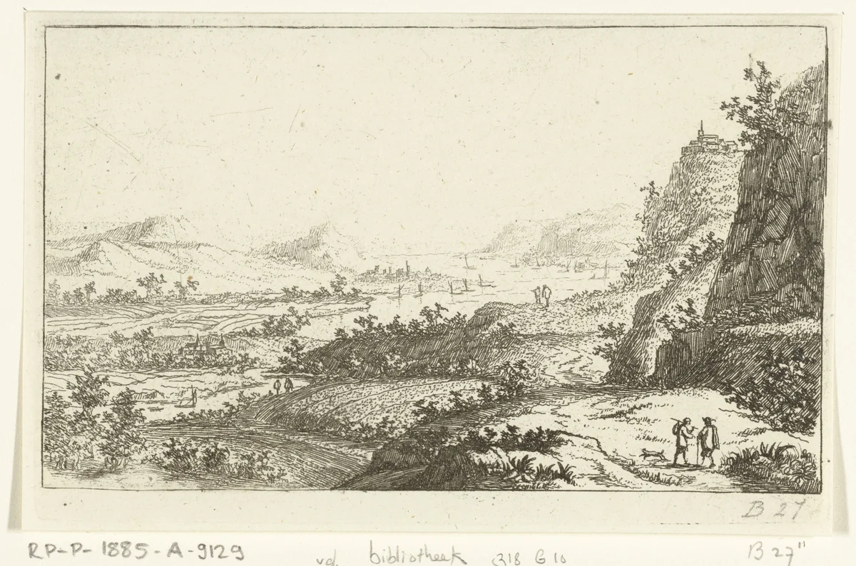 Rivierlandschap met wandelaars by Jan van Almeloveen, print, 1662-1683