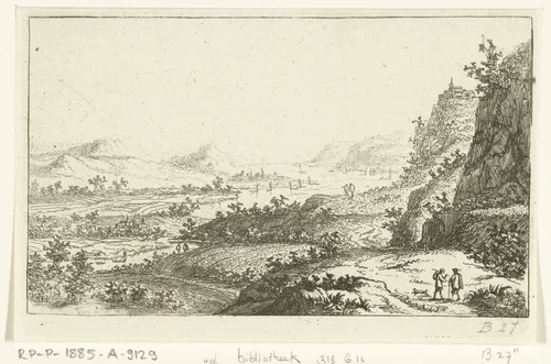 Rivierlandschap met wandelaars by Jan van Almeloveen, print, 1662-1683
