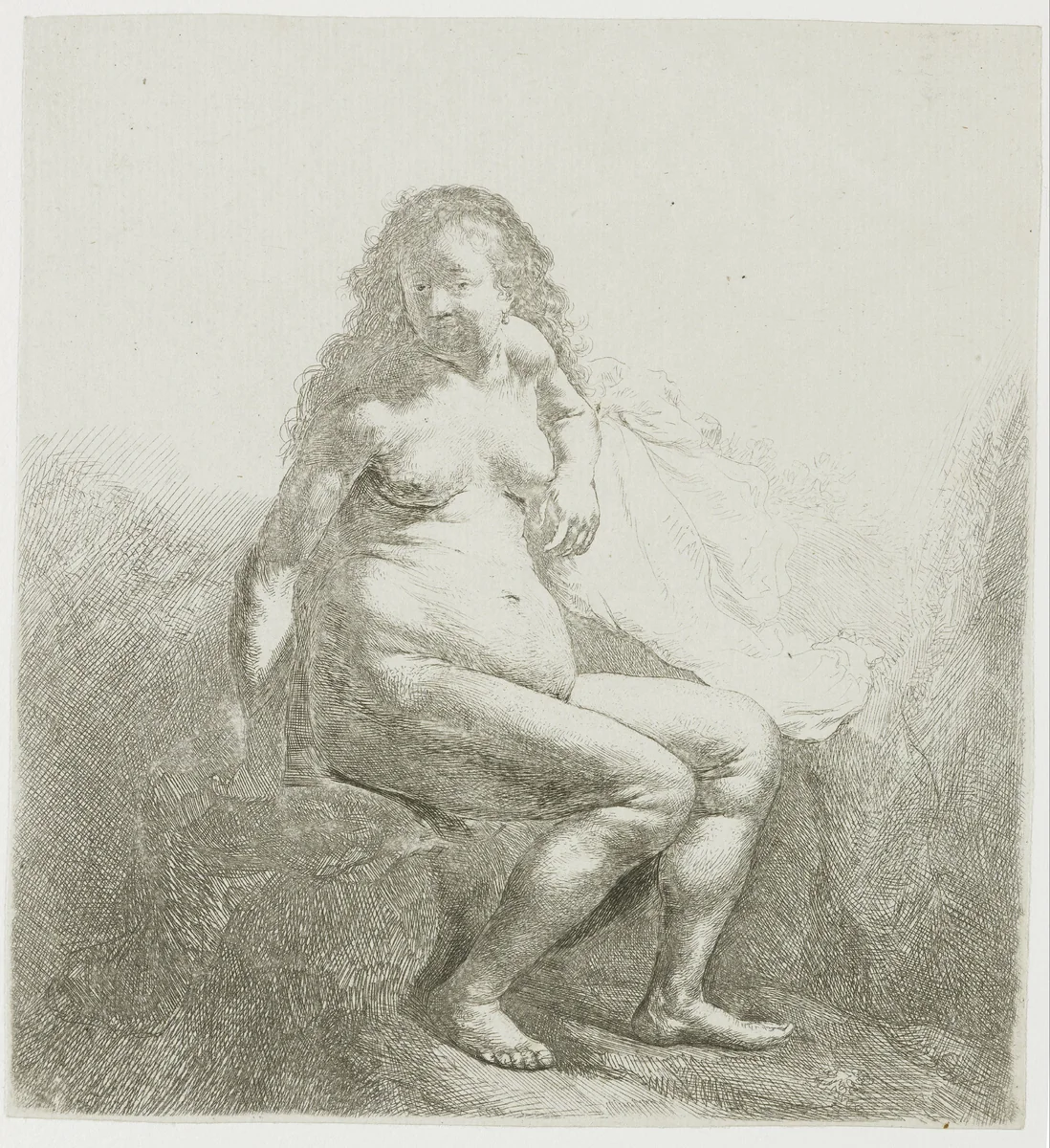 Naked woman on a mound by Rembrandt van Rijn, print, 1631