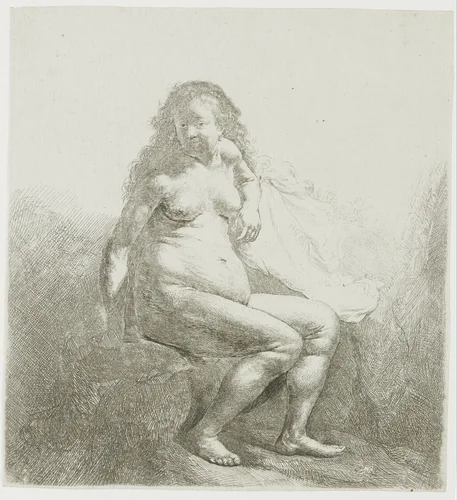 Naked woman on a mound by Rembrandt van Rijn, print, 1631