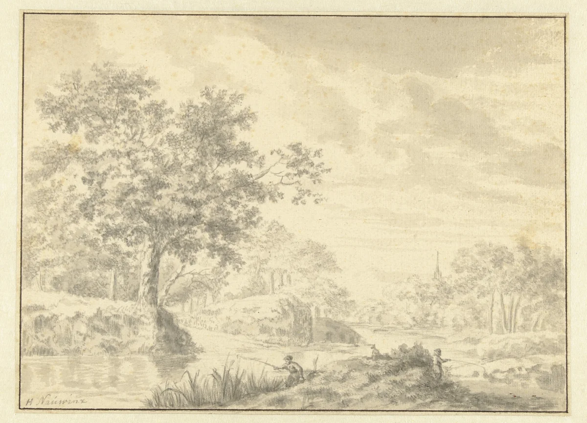 Bebost rivierlandschap met twee hengelaars by Herman Naiwincx, drawing, 1634-1654