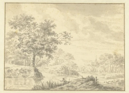Bebost rivierlandschap met twee hengelaars by Herman Naiwincx, drawing, 1634-1654