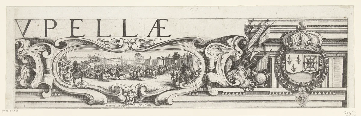 Beleg van La Rochelle, september 1627-oktober 1628 (randwerk, deel rechtsboven) by Jacques Callot, print, 1628-1631