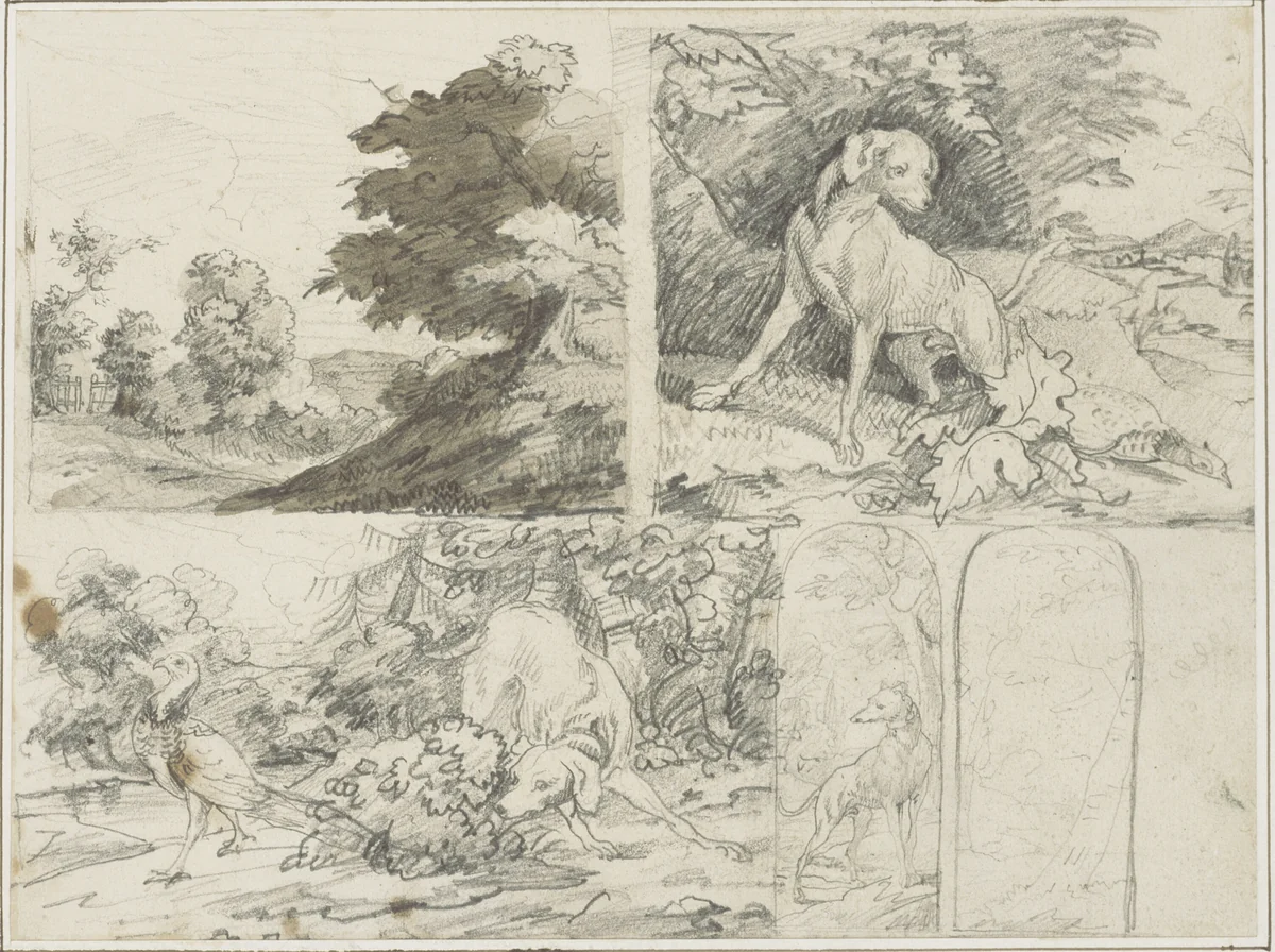 Sketches of a Wooded Site, Dogs and Pheasants in Landscape by Jean Louis André Théodore Géricault, drawing, 1813-1814