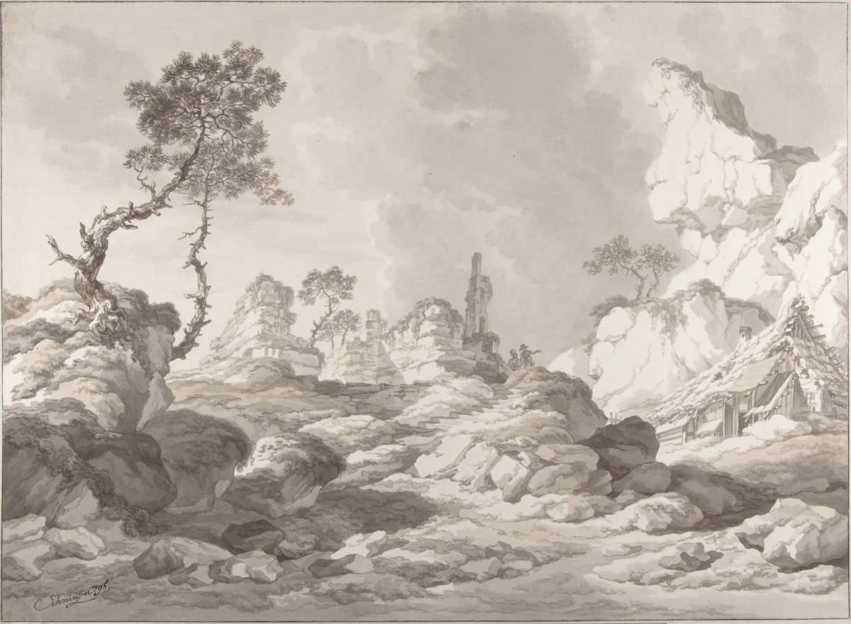 Landscape with a ruin near Mödling by Jakob Matthias Schmutzer, drawing, 1796