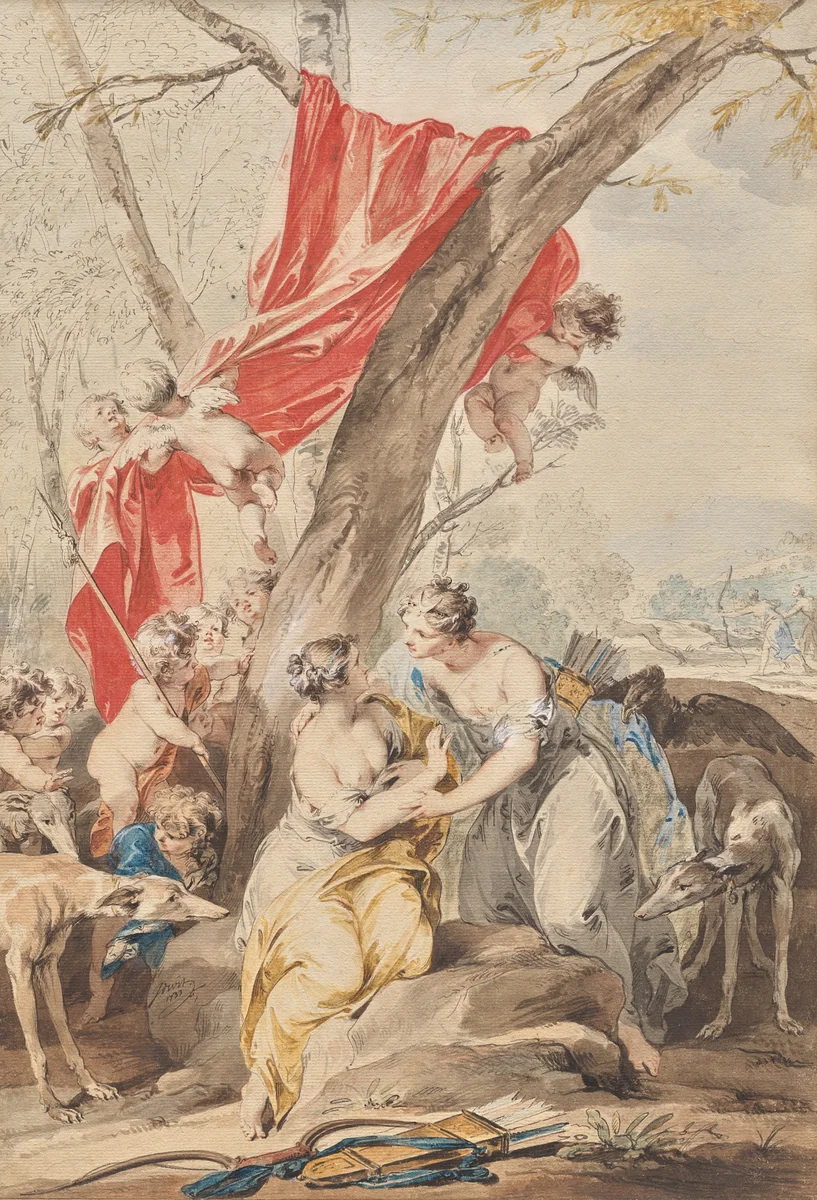 Jupiter (in the guise of Diana) and Callisto by Jacob de Wit, drawing, 1733