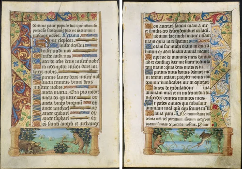 Leaf from a Book of Hours: Ape Hunting Wild Boars (recto) and Ape Fishing (verso) by Unknown, manuscript, 1495-1515