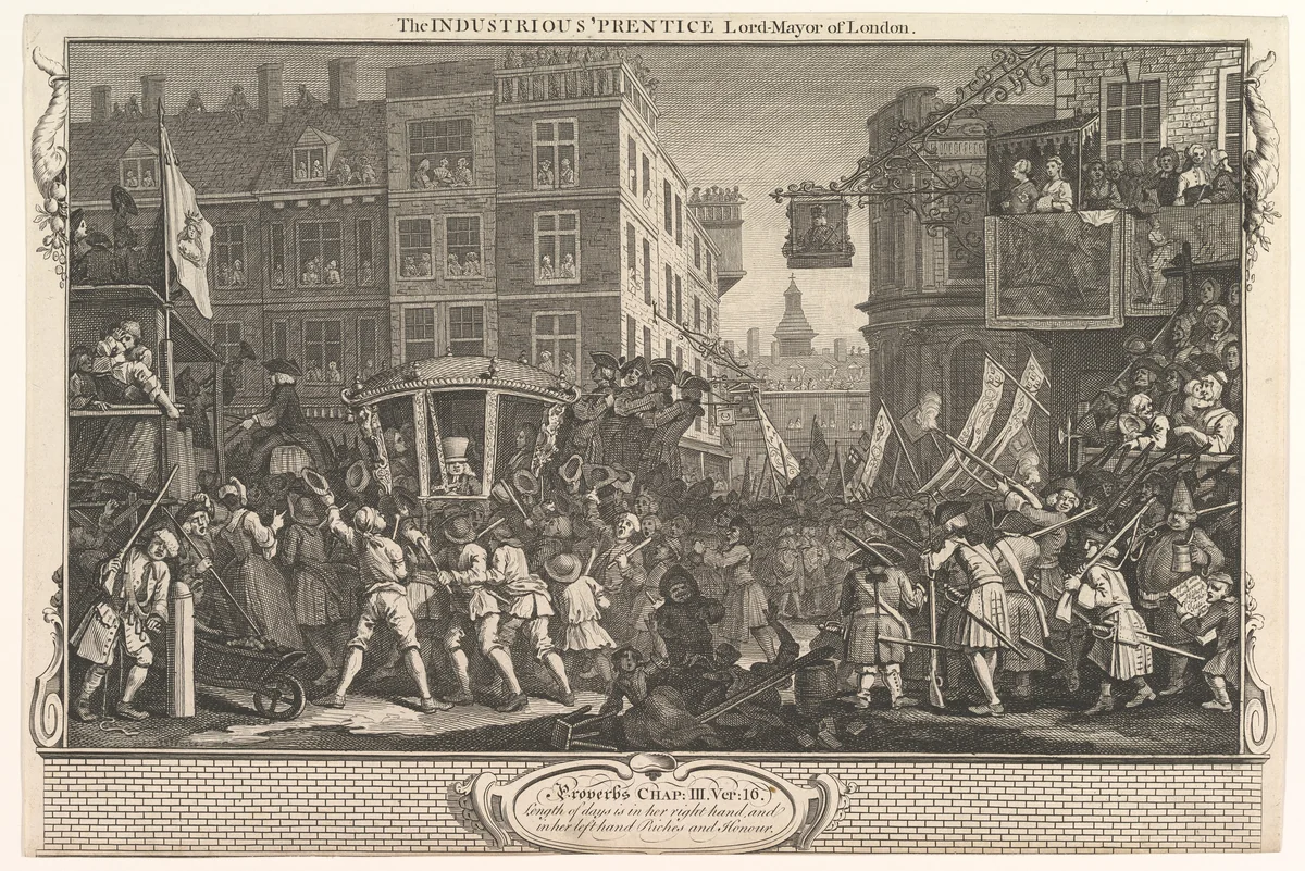 The Industrious 'Prentice Lord Mayor of London (Industry and Idleness, plate12) by William Hogarth, print, 1747