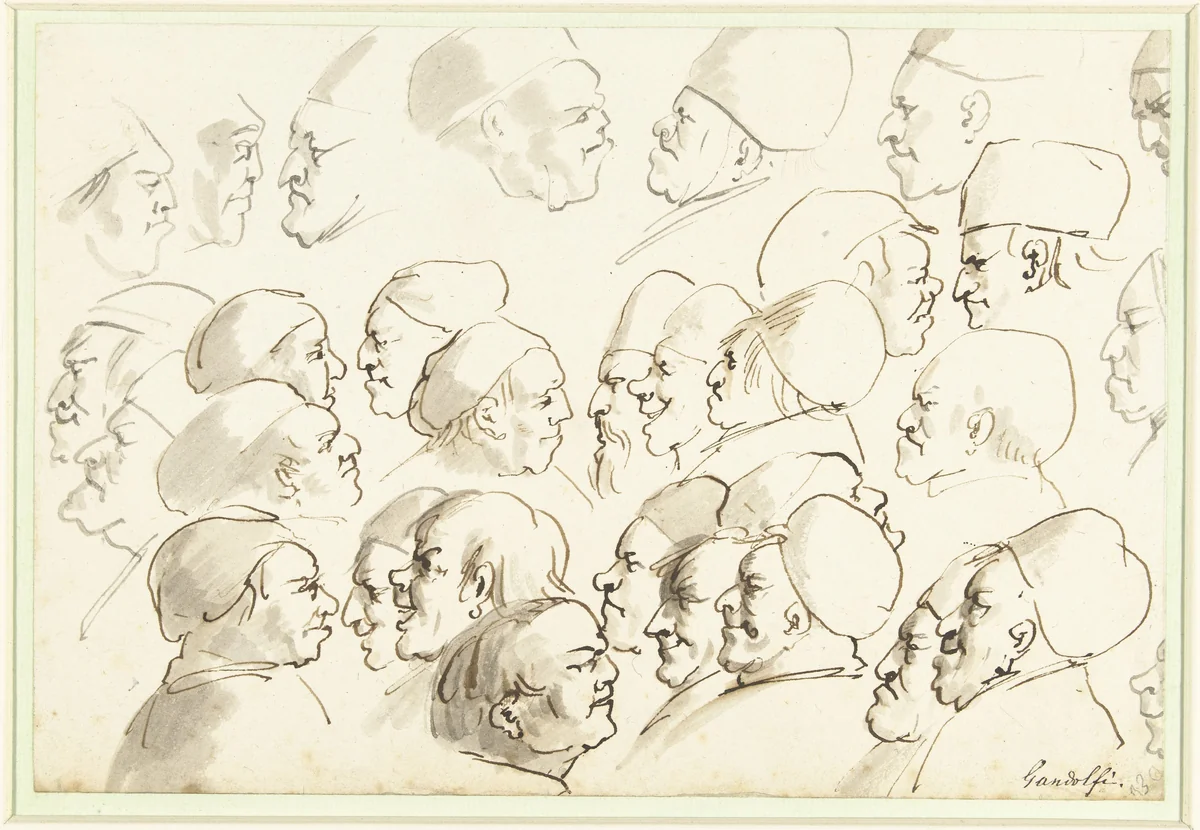 Schetsblad met karikaturen by Gaetano Gandolfi, drawing, 1744-1802